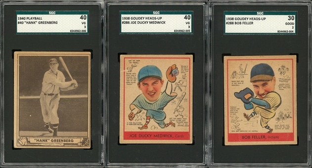 1938-1940 Goudey and Play Ball SGC-Graded Trio (3 Different) Including Feller and Greenberg